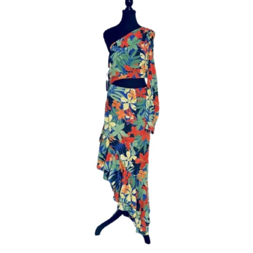 NWT LOVE & LEMONADE DRESS MEDIUM TROPICAL FLORAL ONE SHOULDER MAXI SHEER RUFFLE